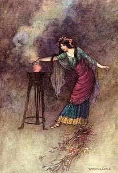 The sorceress brewing a potion